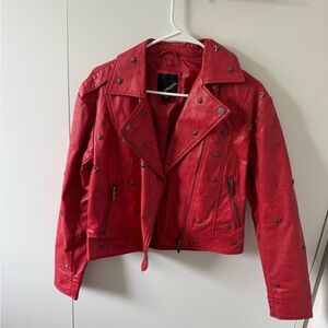 Red Star-Studded Women's faux leather Jacket